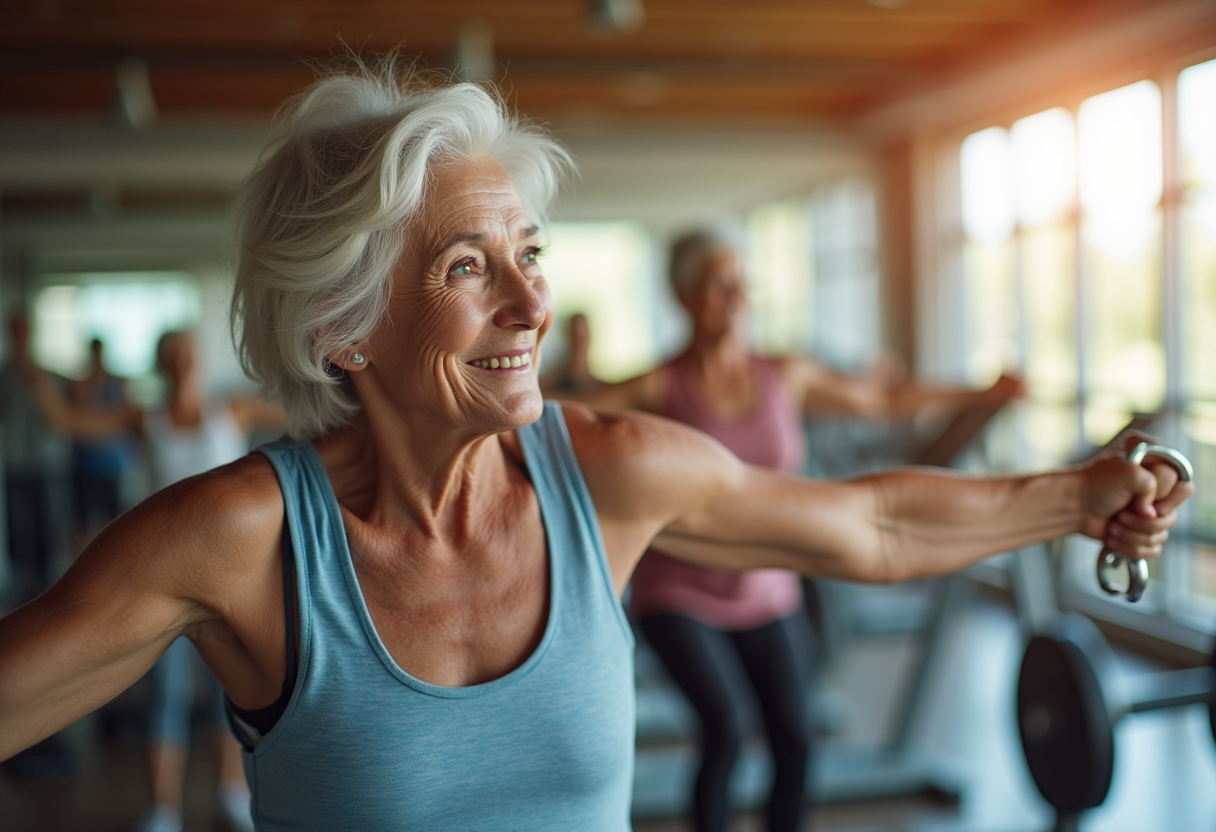 Активни възрастни хора се упражняват в модерна фитнес зала