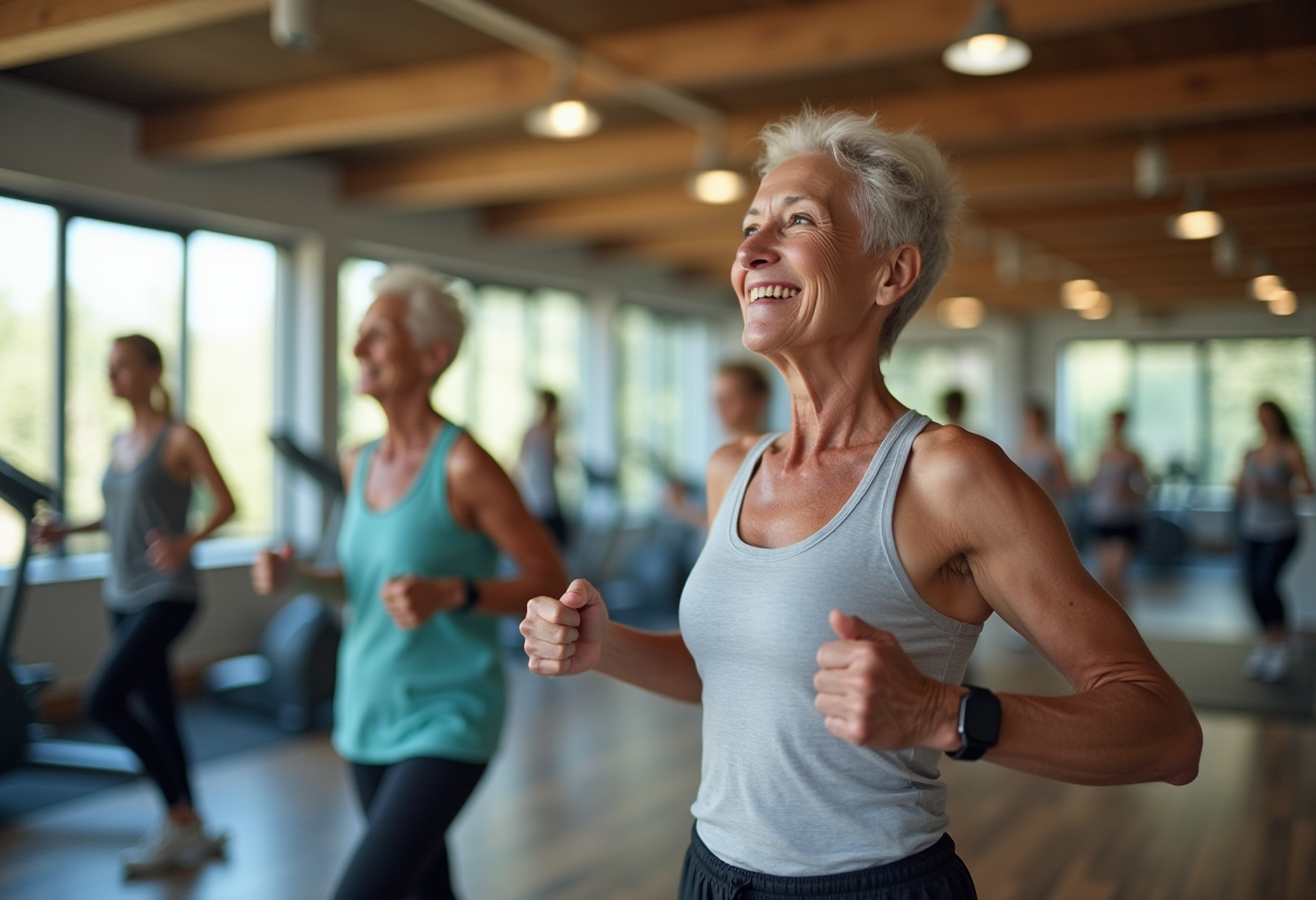 Щастливи възрастни хора във фитнес зала, усмихнати след тренировка